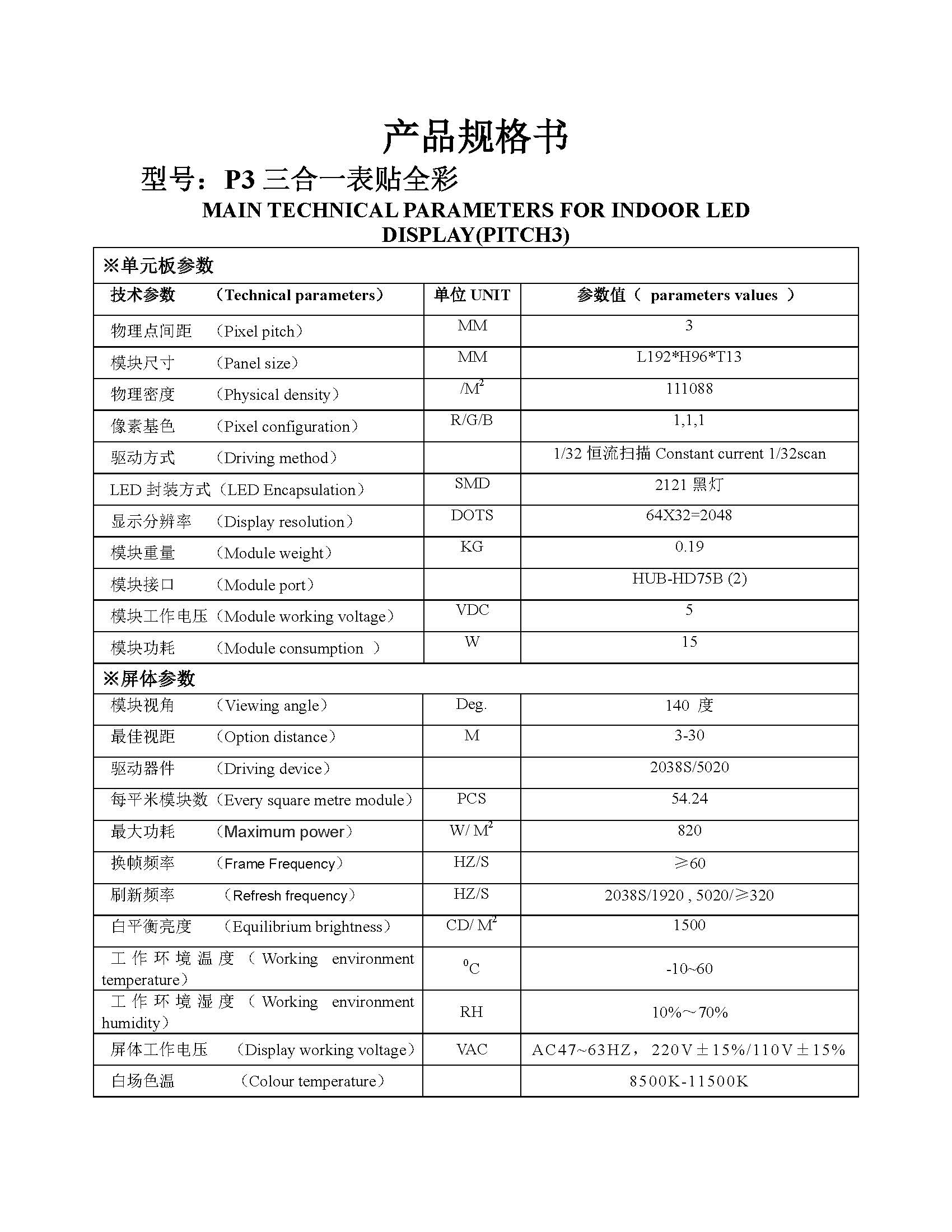 p3室內(nèi)全彩192x192模組規(guī)格書